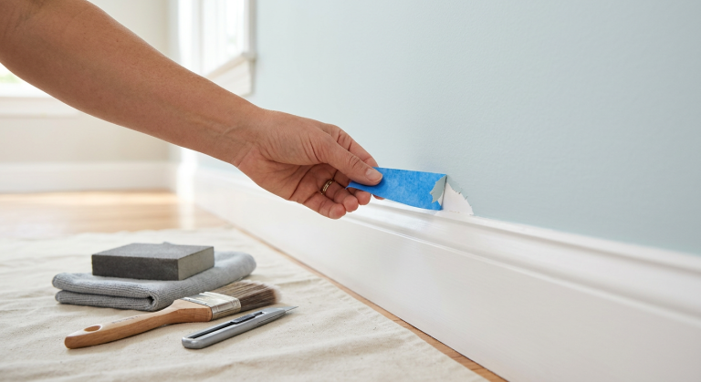 Painter’s tape being pulled from a pale blue wall where paint is peeling along the edge.