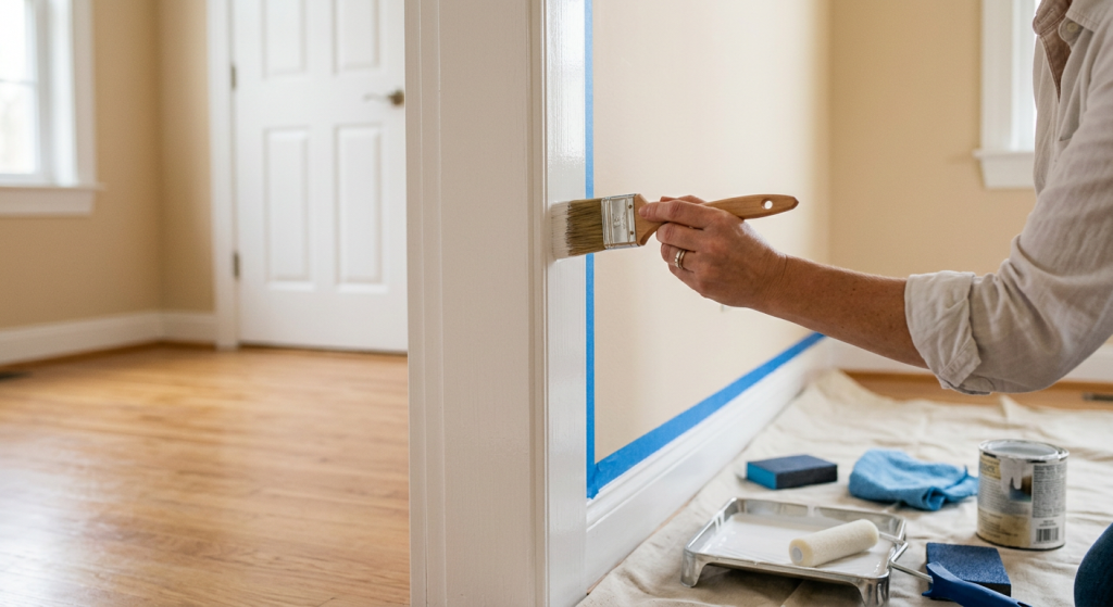 Homeowner painting white door trim smoothly with an angled brush to avoid brush marks.