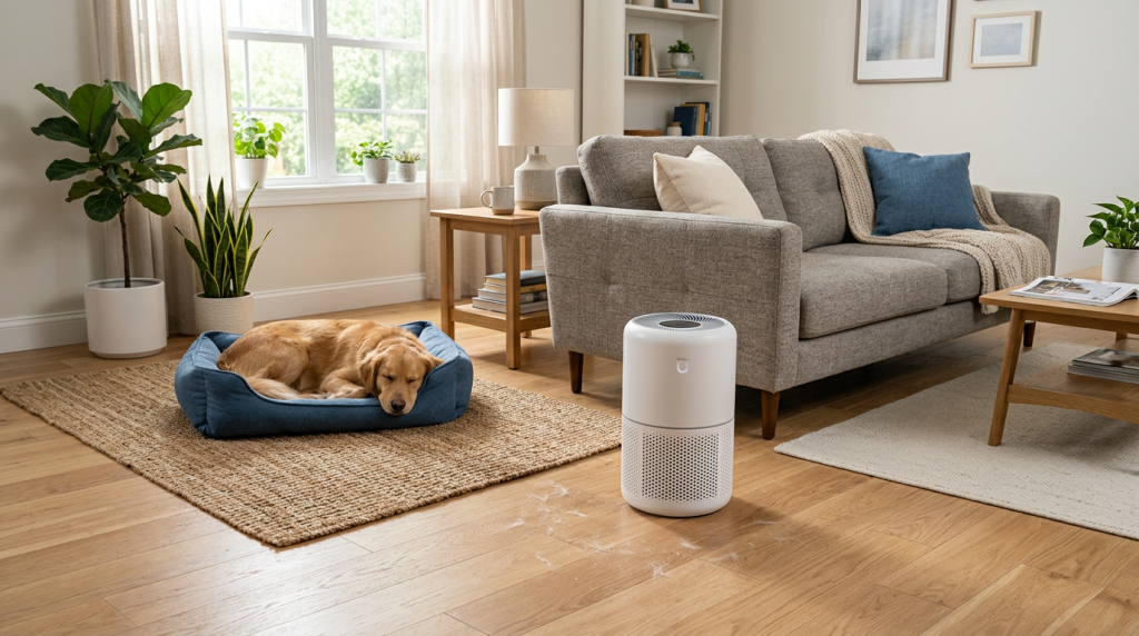 Portable air purifier in a clean living room with a pet bed nearby for helping manage pet hair and dust.
