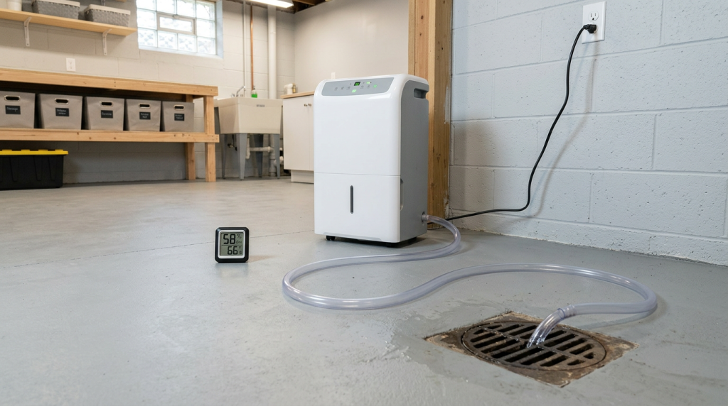Basement dehumidifier with a drain hose and humidity gauge for controlling indoor moisture.