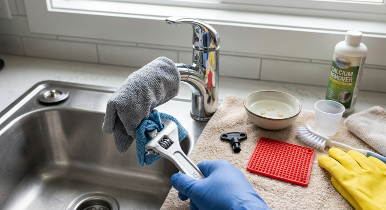 Stuck faucet aerator with cloth protection, aerator key, rubber grip, wrench, gloves, bowl, towel, and vinegar nearby.