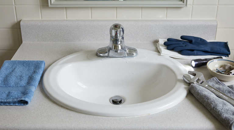 Bathroom faucet leaking at base with small water pooling, towel, gloves, flashlight, wrench, bowl, and paper towels nearby.