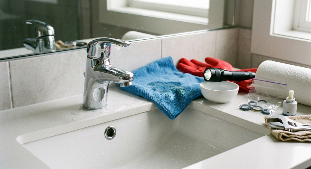 Faucet leaking from handle with small water around the handle, towel, gloves, flashlight, wrench, O-rings, and cartridge nearby.