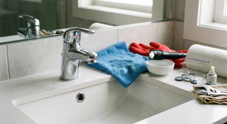 Faucet leaking from handle with small water around the handle, towel, gloves, flashlight, wrench, O-rings, and cartridge nearby.