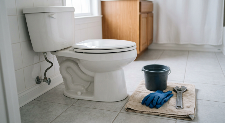 Clean toilet with gloves, bucket, towel, and wrench nearby for a toilet tank not filling water check.
