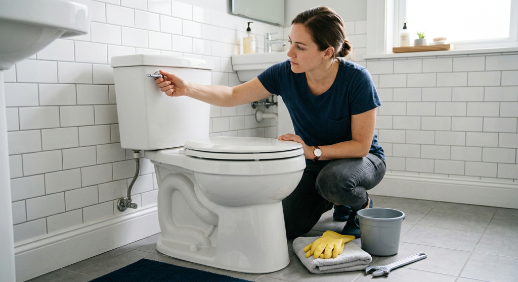 Clean toilet with handle visible, gloves, towel, bucket, and wrench nearby for checking why it will not flush.