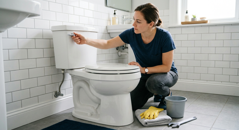 Clean toilet with handle visible, gloves, towel, bucket, and wrench nearby for checking why it will not flush.