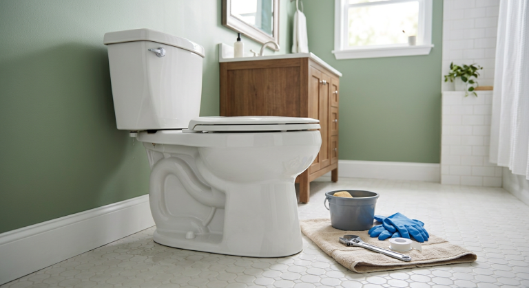 Clean toilet with small damp spot below the tank, gloves, towel, bucket, and wrench nearby for checking a tank bolt leak.