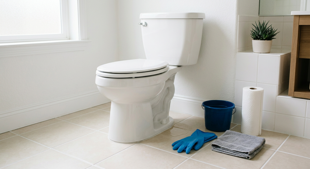 Clean toilet with small damp spot around the base, gloves, towel, bucket, and paper towels nearby.