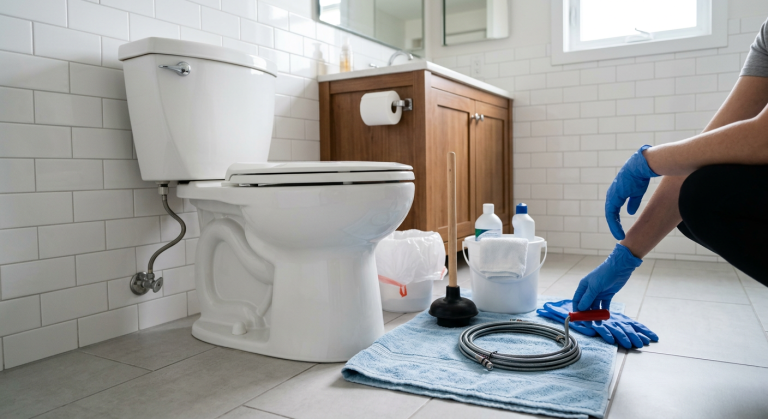 Toilet with flange plunger, toilet auger, gloves, towel, bucket, and trash bag nearby for a clogged toilet.