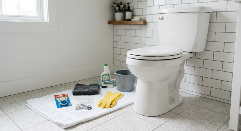 Clean toilet with new toilet flapper, repair kit, gloves, towel, bucket, and cleaning supplies nearby.