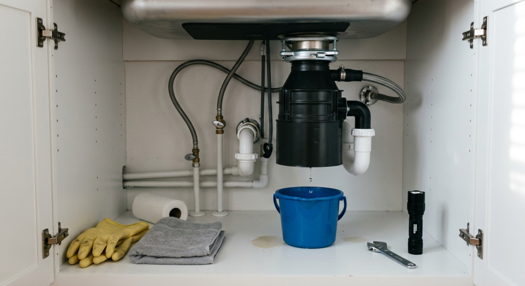 Garbage disposal under kitchen sink with small drip, bucket, gloves, towel, paper towels, and flashlight nearby.