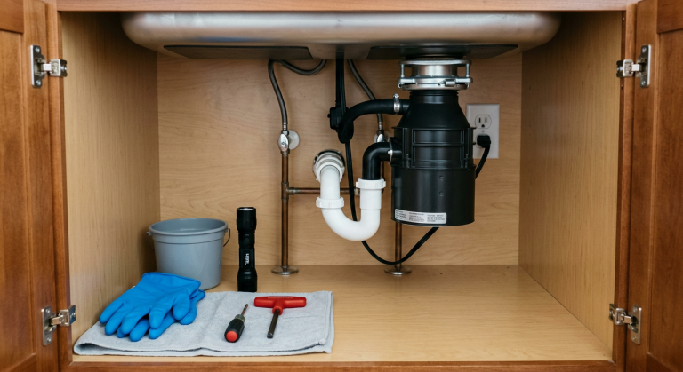 Garbage disposal under kitchen sink with gloves, towel, bucket, flashlight, and disposal wrench for safe troubleshooting.