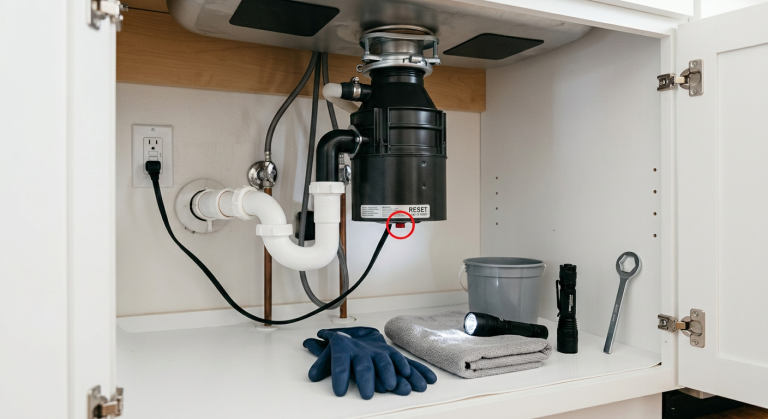 Garbage disposal under kitchen sink with reset button area, gloves, towel, bucket, flashlight, and disposal wrench nearby.