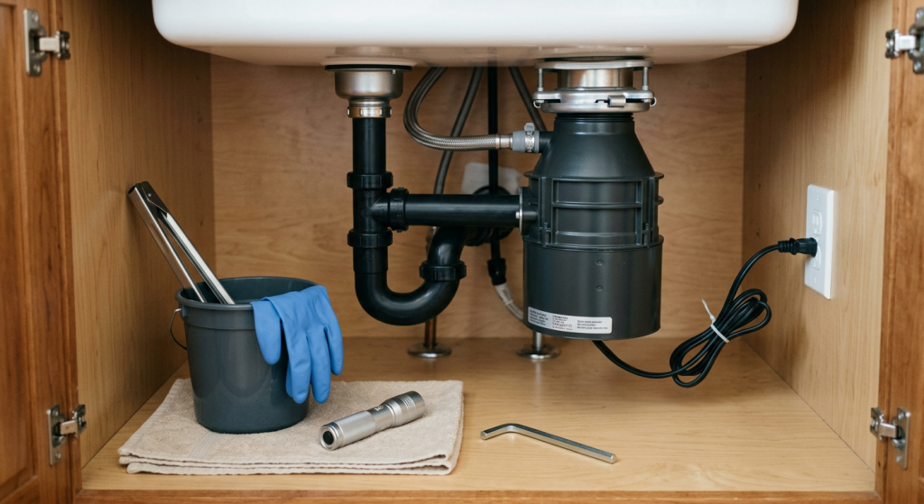 Garbage disposal under kitchen sink with disposal wrench, gloves, towel, bucket, flashlight, and tongs for safe jam troubleshooting.