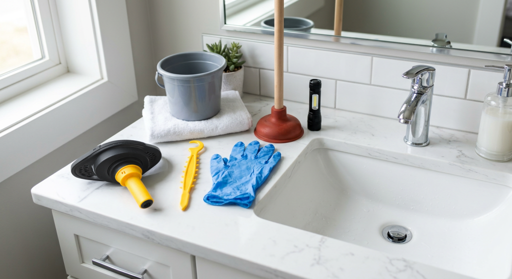 Drain snake, hair removal tool, plunger, gloves, towel, bucket, and flashlight beside a bathroom drain.