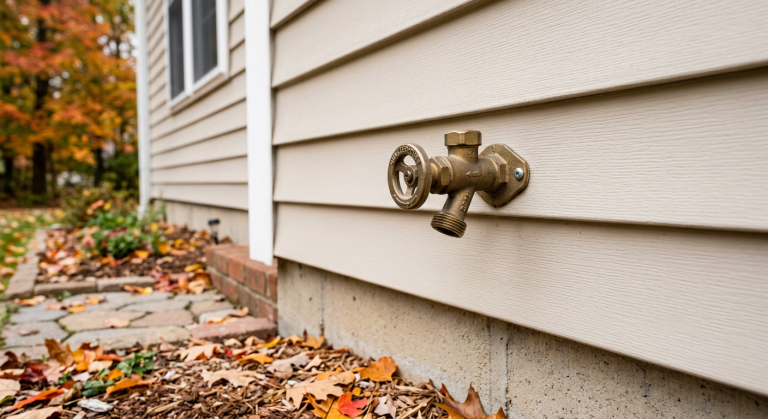 Outdoor wall faucet on house siding in fall before freezing weather.