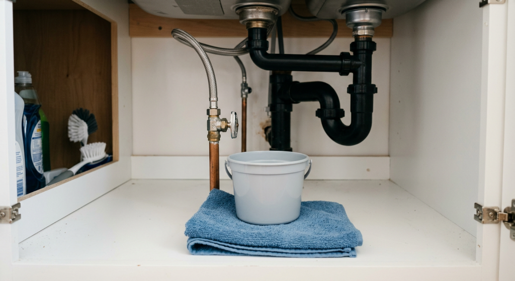 Water shut off valve under sink with towel and bucket nearby for checking a stuck valve safely.