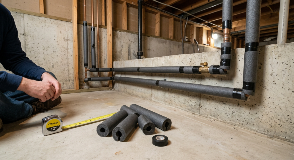 Exposed water pipes wrapped with foam pipe insulation to help prevent freezing in a utility area.
