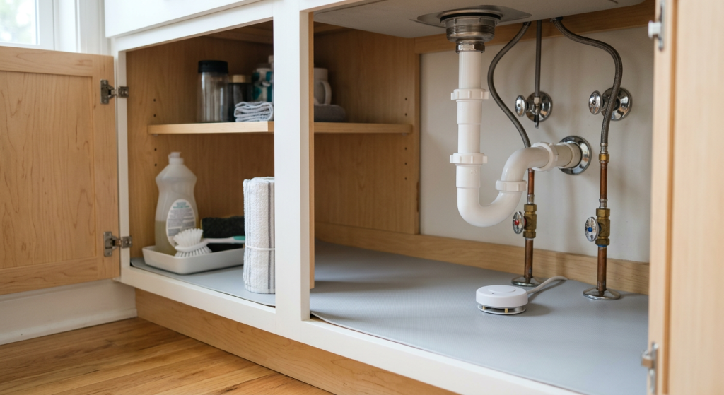 Water leak detector sensor placed under a sink near plumbing and shutoff valves.