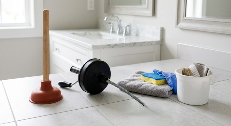 Sink plunger and hand-crank drum drain auger beside a bathroom drain for comparing clog-clearing tools.