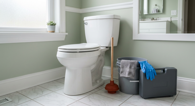 Toilet with plunger, gloves, towel, bucket, and drain tool case nearby for comparing toilet clog tools.