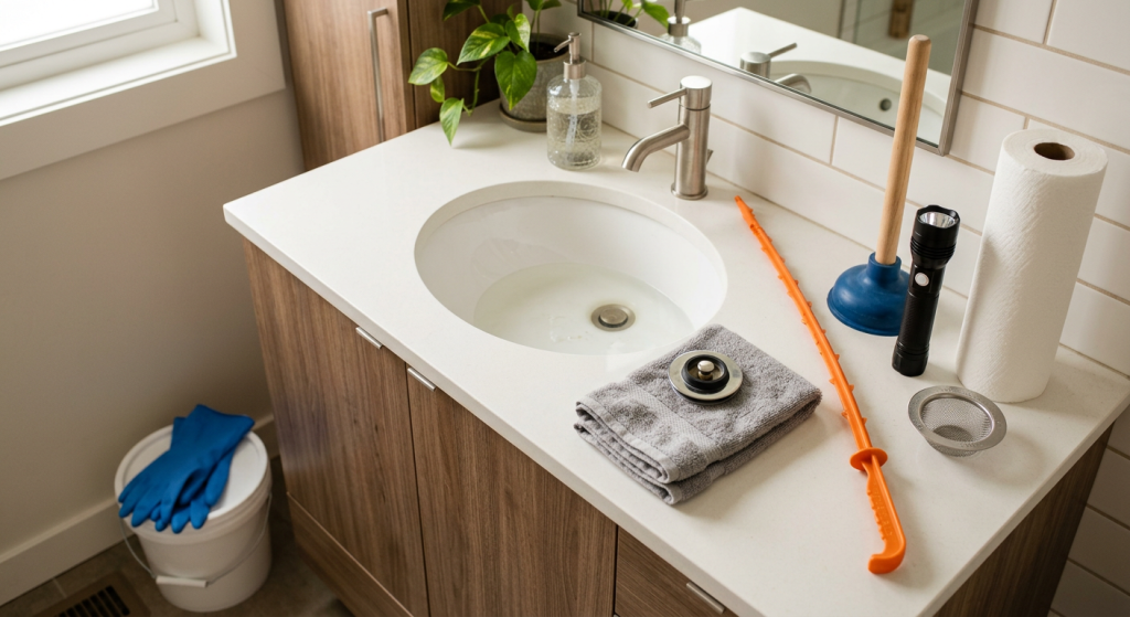 Slow bathroom sink drain with standing water, removed stopper, gloves, drain tool, plunger, and towel nearby.