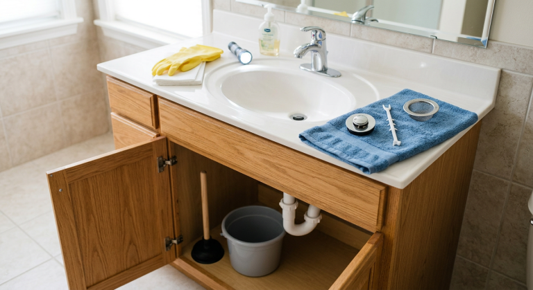 Bathroom sink drain inspection with removed stopper, flashlight, gloves, drain tool, and plunger nearby.
