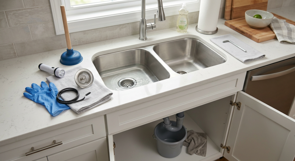 Kitchen sink draining slowly with strainer, gloves, plunger, drain snake, flashlight, and bucket nearby.