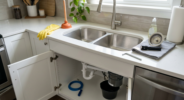 Kitchen sink drain inspection with strainer, gloves, flashlight, plunger, hand drain snake, and bucket nearby.