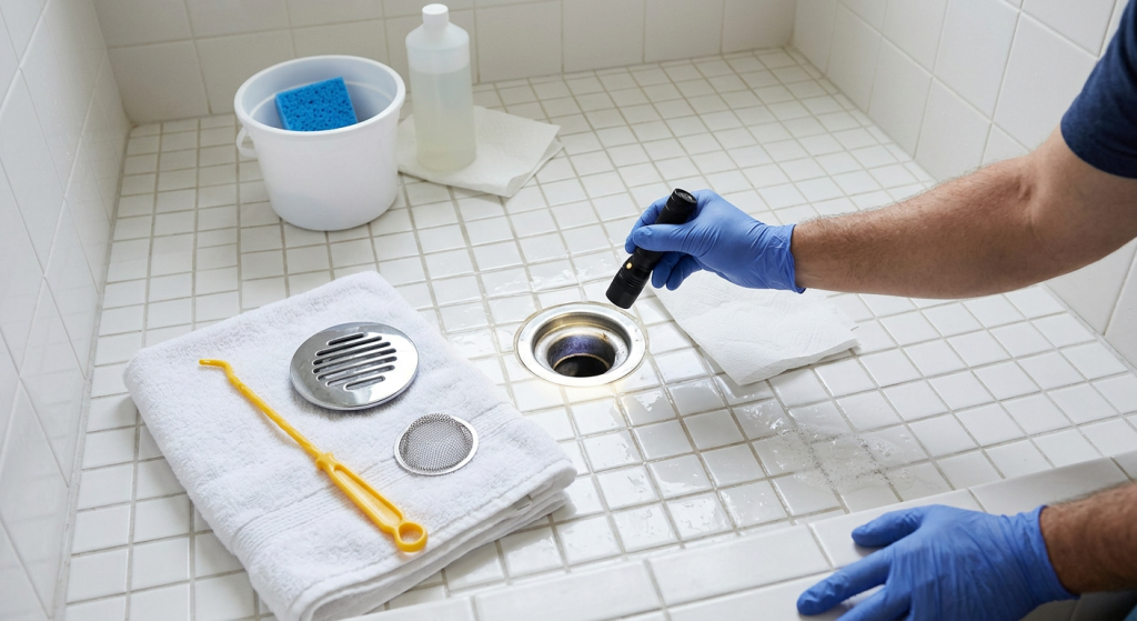 Shower drain inspection with removed drain cover, gloves, flashlight, hair removal tool, towel, and hair catcher nearby.