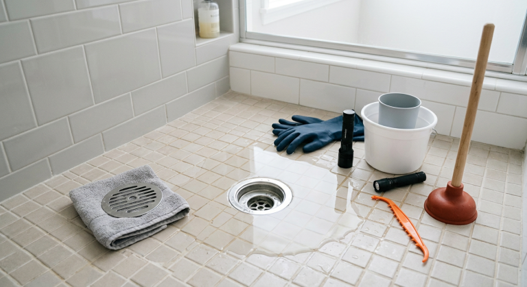 Shower drain with shallow standing water, removed drain cover, gloves, bucket, plunger, flashlight, and hair removal tool nearby.