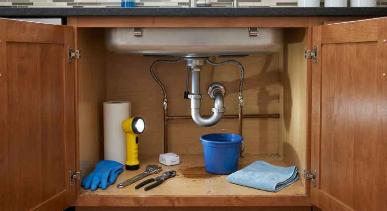 Water leaking under kitchen sink with bucket, towel, flashlight, gloves, wrench, pliers, and visible plumbing connections.