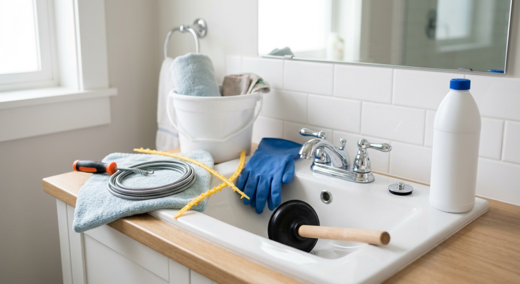 Drain snake, hair removal tool, plunger, gloves, bucket, towels, and unbranded drain cleaner bottle near a sink.