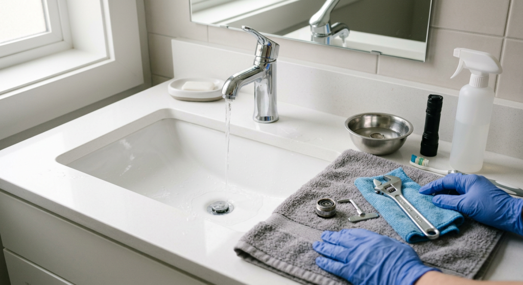 Low water pressure in one faucet with weak water stream, removed aerator, gloves, flashlight, aerator key, and wrench nearby.