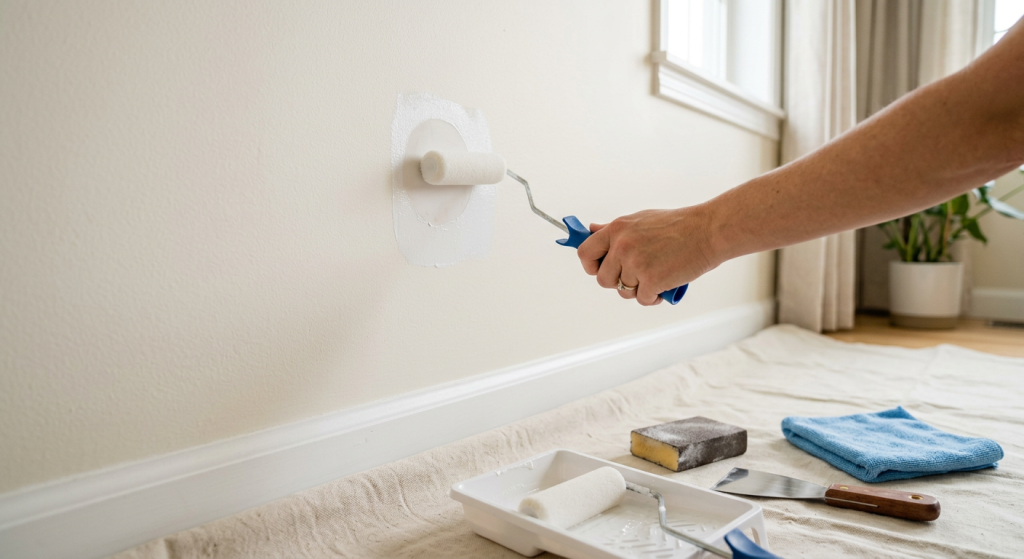 Mini paint roller applying primer over a small spackle patch before painting.