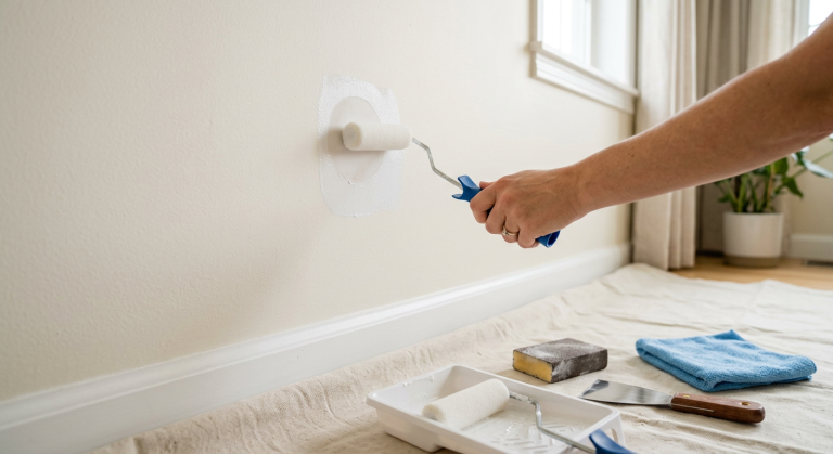 Mini paint roller applying primer over a small spackle patch before painting.