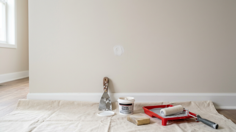 Small spackle patch drying on an interior wall before sanding, priming, and painting.