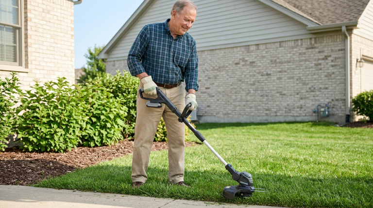 Older homeowner using a lightweight cordless string trimmer along the edge of a small lawn.