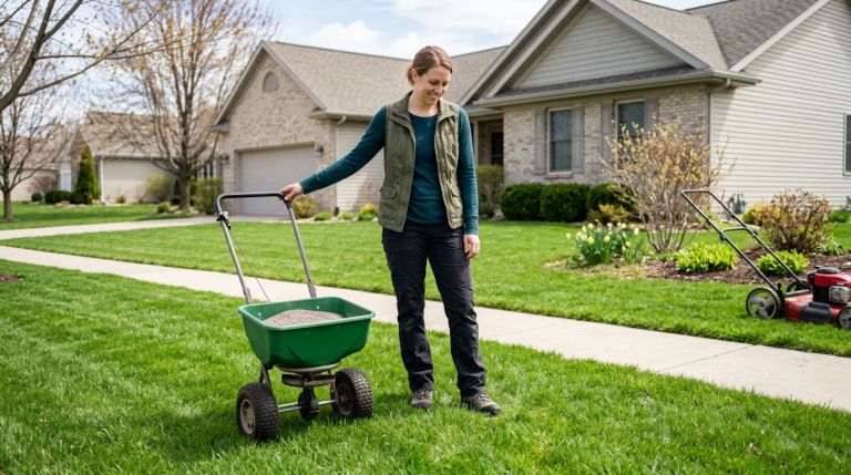 Homeowner preparing to apply crabgrass preventer to a spring lawn before the first mow.