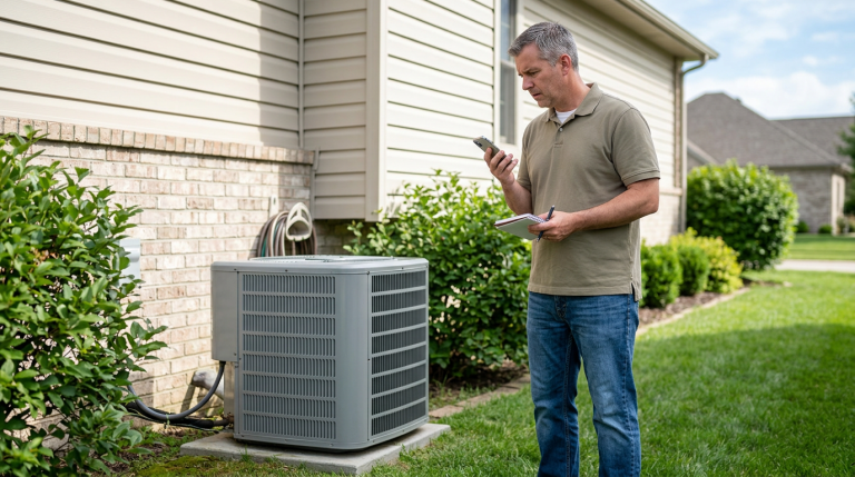 Homeowner listening from a safe distance to an outdoor AC unit making a grinding noise.