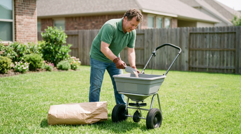 Generic broadcast spreader on a home lawn with a homeowner preparing for lawn care.