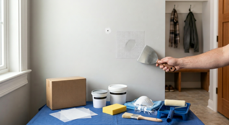 Drywall repair kit supplies beside a small mesh patch repair on an interior wall.