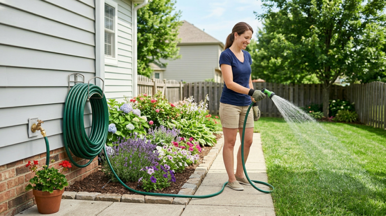 Generic garden hose coiled beside a small lawn and flower bed for everyday homeowner watering.