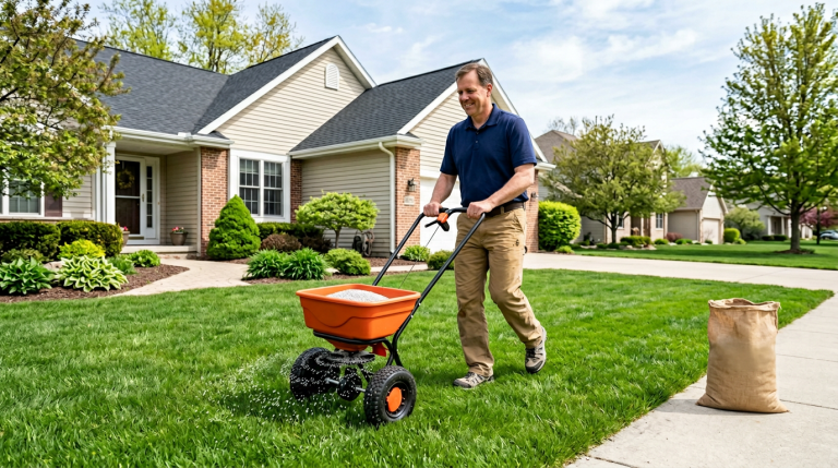 Homeowner applying fertilizer with a broadcast spreader on a northern cool season lawn.