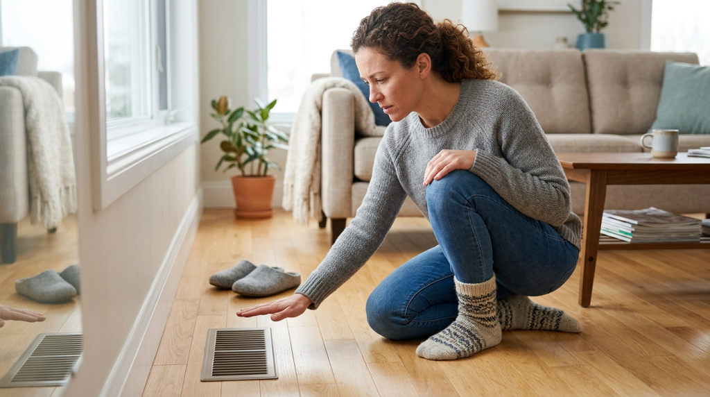 Homeowner checking air from a floor vent when the furnace is blowing cold air.