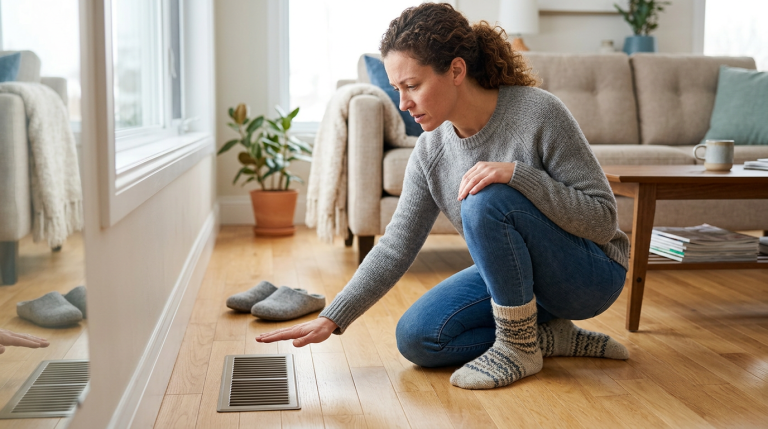 Homeowner checking air from a floor vent when the furnace is blowing cold air.