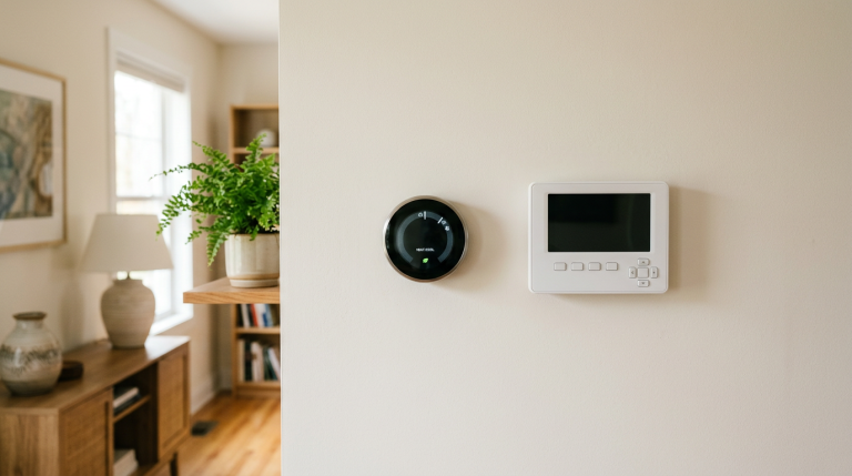 Generic communicating thermostat and smart thermostat shown side by side for a homeowner comparison.