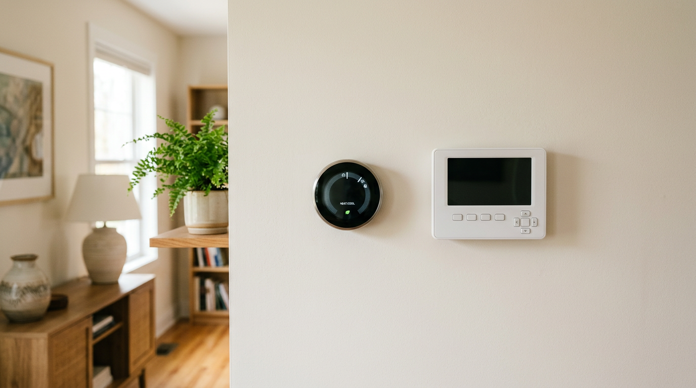 Generic communicating thermostat and smart thermostat shown side by side for a homeowner comparison.