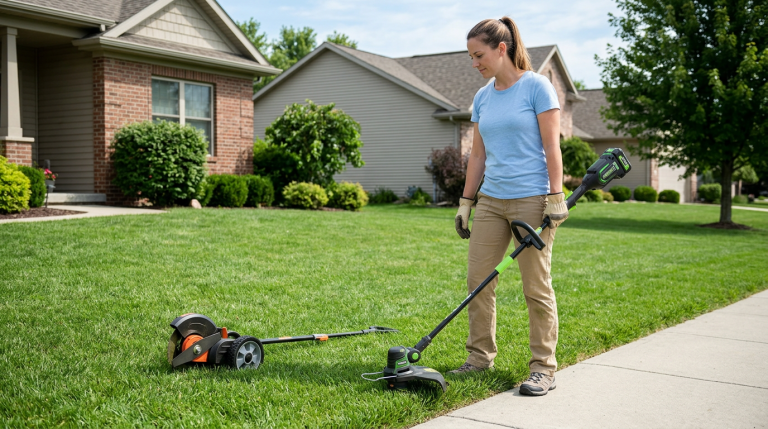 Generic string trimmer and lawn edger shown side by side near a sidewalk edge for homeowner comparison.